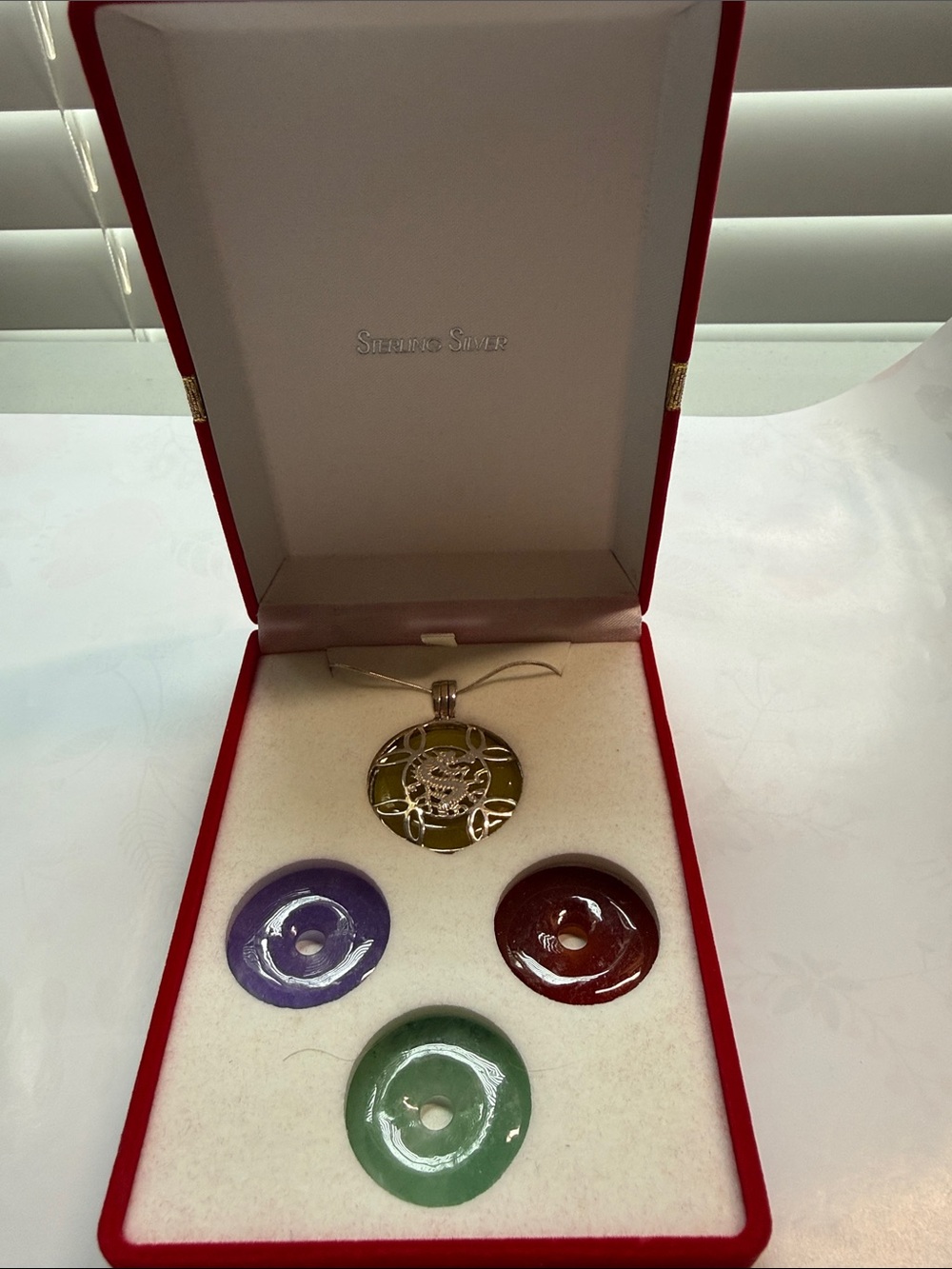 Multicolor Jade Disc Sterling Silver Pendant Necklace